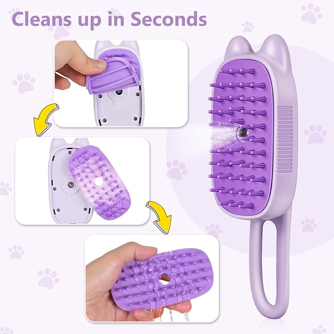Rechargeable Cat Steam Brush with Mist Spray, 3-in-1 Pet Steam Brush for Long and Short Haired Cats and Small Dogs, Anti-Static, De-Shedding, Detangling, Massage, Purple Cat Design