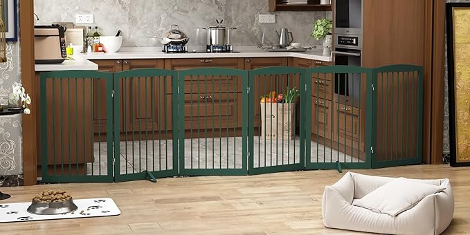 Freestanding Pet Gate for Dogs, Foldable Wooden Dog Gate for House, Extra Wide Indoor Pet Barrier for Stair, Doorway, Hall, Support Feet Included, 120 Inch Wide, 6 Panels 24",Green