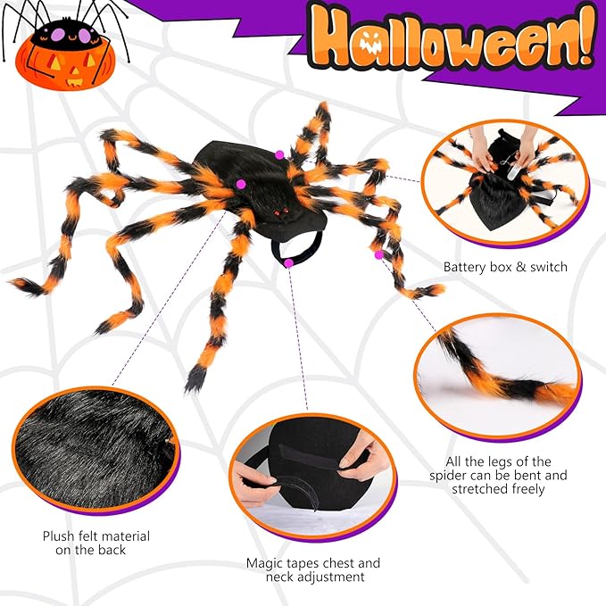 OurWarm Dog Halloween Costumes for Pets 64 LED Furry Giant Dog Spider Costume Funny Dogs Costumes for Medium Large Dogs Halloween Party Decor Puppy Pets Outfits Cosplay