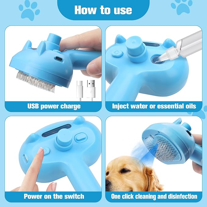 Pet Steam Brush for Dog,Gentle Cat & Dog Brush for Shedding Self-Cleaning Cat Brushes for Indoor Cats Spary Pet Hair Removal Tool for Massage,Grooming Dog Brush for Short&Long Haired Dogs Blue