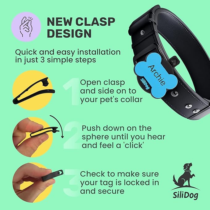 SiliDog AirTag Holder Silent Dog ID Tag – Personalized Engraved Silicone Pet Tag – Durable, Glow-in-The-Dark – Blue Bone