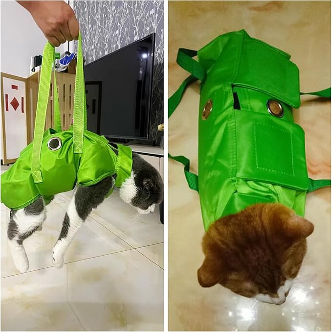 HDKUW Cat Grooming Bag,Foldable Travel Carrier for Cats,Anti-Bite Anti-Scratch Cat Grooming Restraint Bag,Pet Carrier for Administering Eye Drops,Ear Cleaner,Clipping Nails Green M