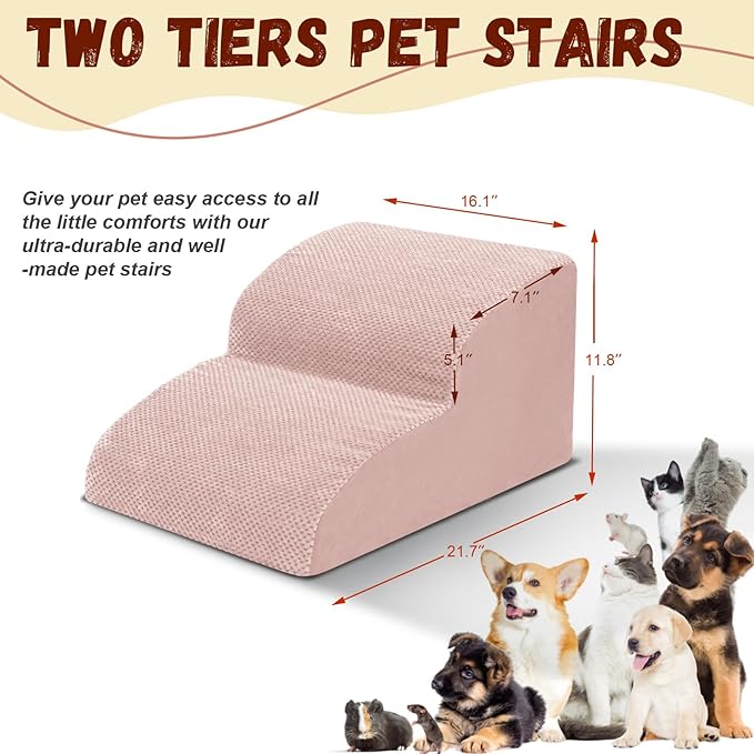 Dog Stairs for Small Dogs - High Density Foam Pet Steps, Extra Wide Dog Ramp with Non-Slip Bottom for High Beds, Couch and Sofa, Best for Dogs Injured, Older Doggy Cats, 2 Steps, Pink