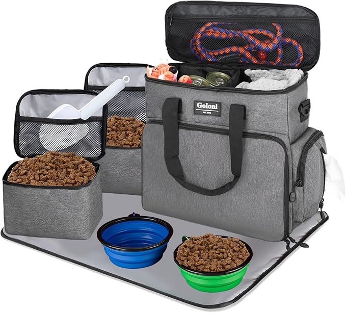 Dog Travel Bag Airline Approved–Pet Travel Tote with Collapsible Bowls,Food Containers & Feeding Mat–Multi-Pocket Organizer for Dogs & Cats, Durable & Water-Resistant for Hiking,Trips,Outdoors