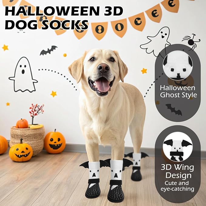 EXPAWLORER Halloween Anti Slip Dog Socks to Prevent Licking Paws, Boots & Paw Protectors with Grippers,Doggie Booties for Hardwood Floors for Small Medium Large Senior Dogs Costume White Ghost Wings M