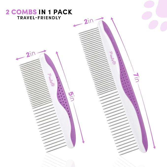 Poodle Pet Dog Combs for Grooming | 2 Pack | Stainless Steel Teeth Easily Remove Dirt | Proper Care Prevents Knots and Mats for Long and Short Haired Pets | Anti-Slip Comfort Grip Handle (Purple)
