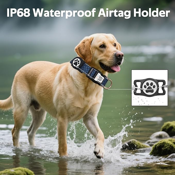 Dog Collar with Waterproof AirTag Holder & Anti-Lost QR Code, Cute Bling Warpping Adjustable Width for Small Medium Large Pet (Blue, L)