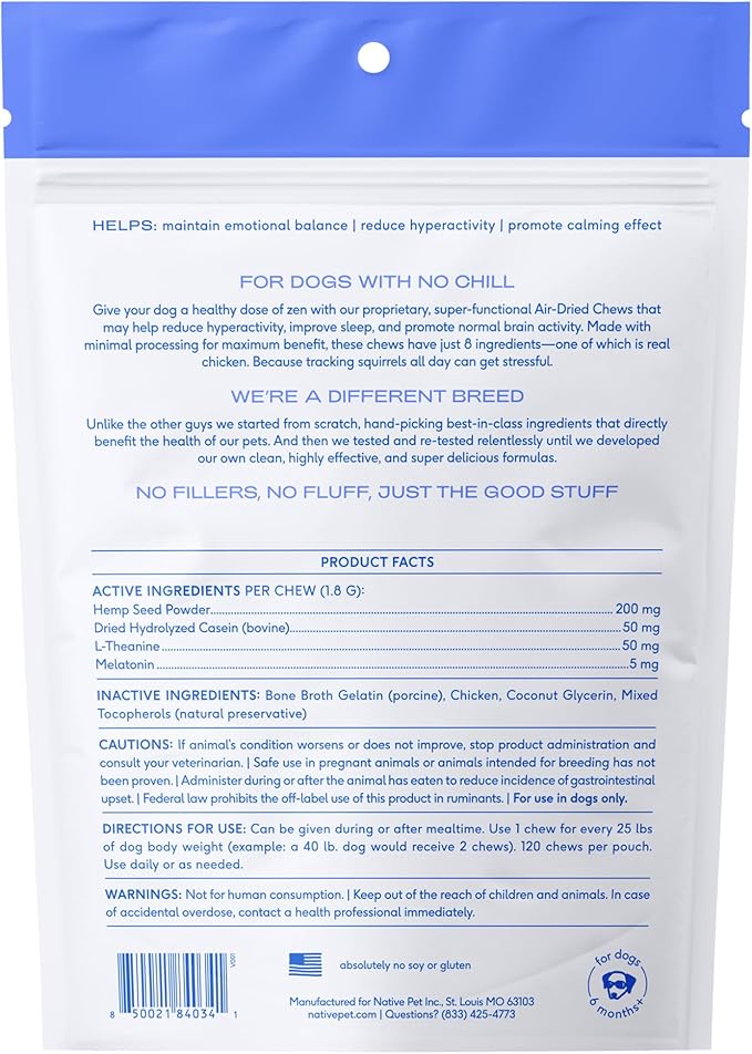 Native Pet Calming Chews for Dogs - Melatonin for Dogs Anxiety Relief - Grain Free All Natural Hemp Calming Treats & L-Theanine Helps Manage Stress & Separation Anxiety - Puppy Sleep Aid - 120 Chews