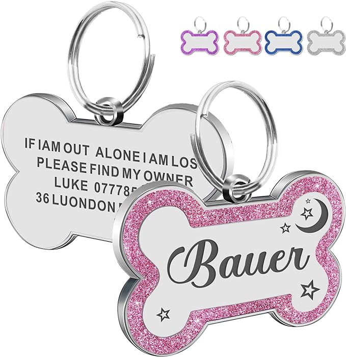 Dog Tags Personalized for Pets Dog Name Tags Personalized Dog Tag Engraved with Any Name & Text Custom Dog ID Tags Glitter Bone ID Tag for Puppy Cat (Pink L, Bone)