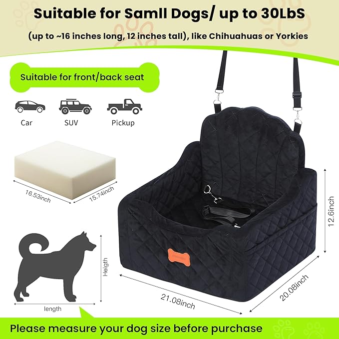 Dog Car Seat for Small Dogs Under 30lbs, Detachable Washable Pet Booster Seat with Safety Belt & Storage Pockets, Travel Car Bed, Black