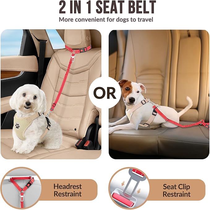 SlowTon Dog Seat Belt for Car, 2 Pack Dog Car Harness Seatbelt Adjustable with Elastic Bungee Buffer, 2 in 1 Pet Car Leash Headrest Restraint Dog Reflective Safety Tether (S, Red, Headrest+Clip)