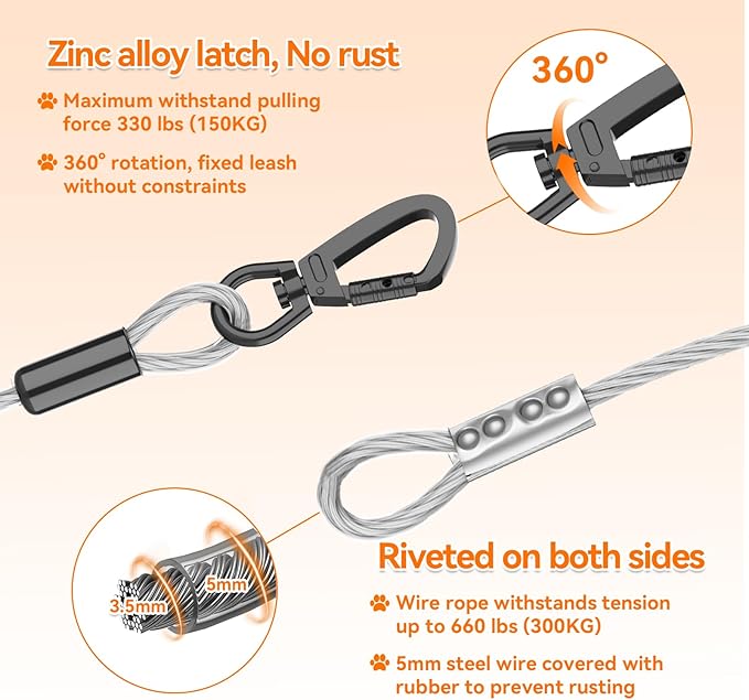 Heavy Duty 30FT Dog Tie Out Cable and Stake，360°Swivel Screw in Spike Auger Ground Stake Anchors for Large Medium Medium up to 220 lbs，Dog Outside Lead Cable for Yard, Lawn Beach, Camping