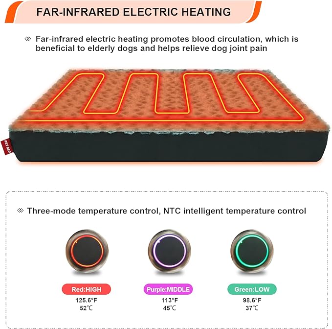 Heated Dog Bed with12V～24V Safe Voltage, Electric Heating Arthritis Orthopedic Dog Bed with Thickened Memory Foam, Heated Pet Bed with Waterproof Cover for Medium Dogs, Large Dogs (Large)