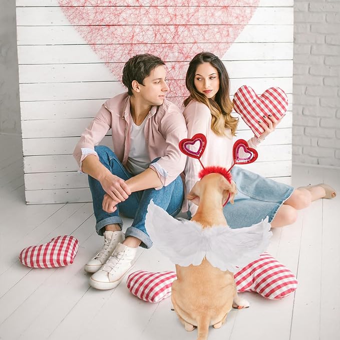 SCENEREAL Dog Outfit/Birthday Bandana with Feather Wing & Heart Headband Dogs Girls Set, Red Puppy Kitty Party Supplies for Small Medium Dogs Cats, Pet Costumes