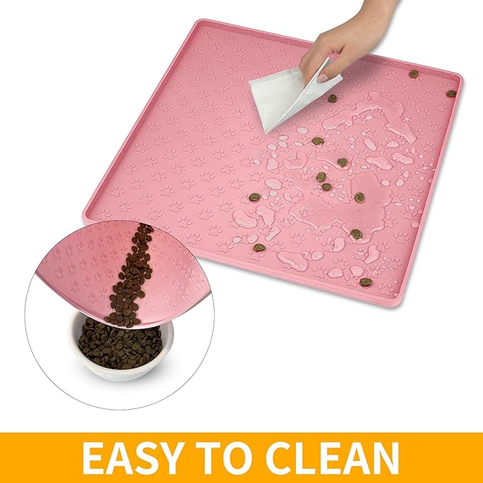 Ptlom Pet Placemat for Dog and Cat, Waterproof Non-Slip Silicone Feeding Bowl Mat Prevent Food and Water Overflow, Puppy Dish Feeder Fountain Trays Suitable for Medium and Small Pets, Pink