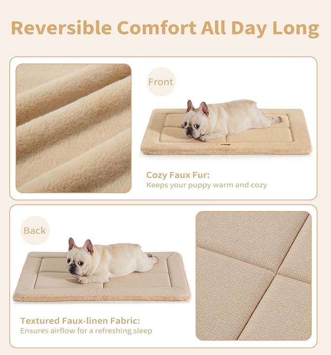 Made4Pets Dog Crate Pad Bed for Medium Dogs, Washable & Reversible, Anti-Slip Kennel Mat for Cozy Sleeping, Soft Fluffy Dog Bed for Indoor & Outdoor Use, 29"x21", Khaki