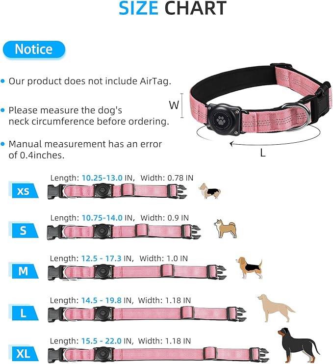 Upgraded AirTag Dog Collar, IP68 Waterproof Air Tag Dog Collar Holder, Reflective, Ultra-Durable, Comfortable Padded, Heavy Duty Dog Collars for Small Medium Large Dogs (M (12.6"-17.1"), Pink)