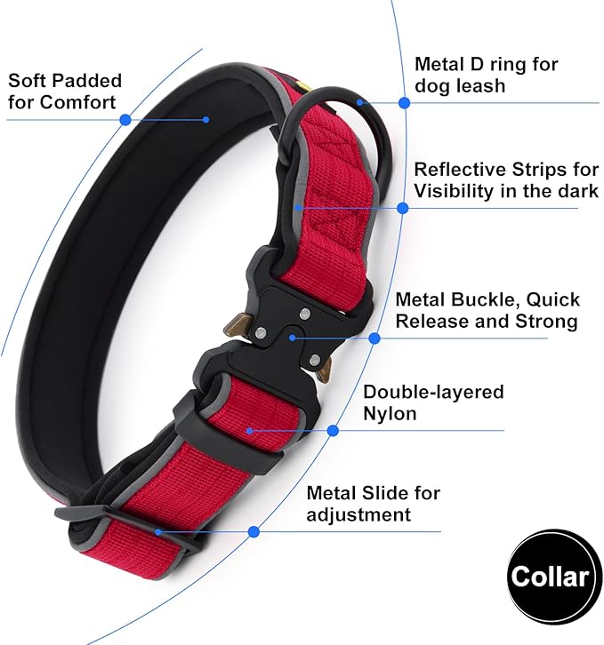 Plutus Pet Tactical Dog Collar, Reflective, Adjustable Heavy Duty Dog Collar, Soft Padded and Comfortable, for Small Medium and Large Dogs (Red, M)
