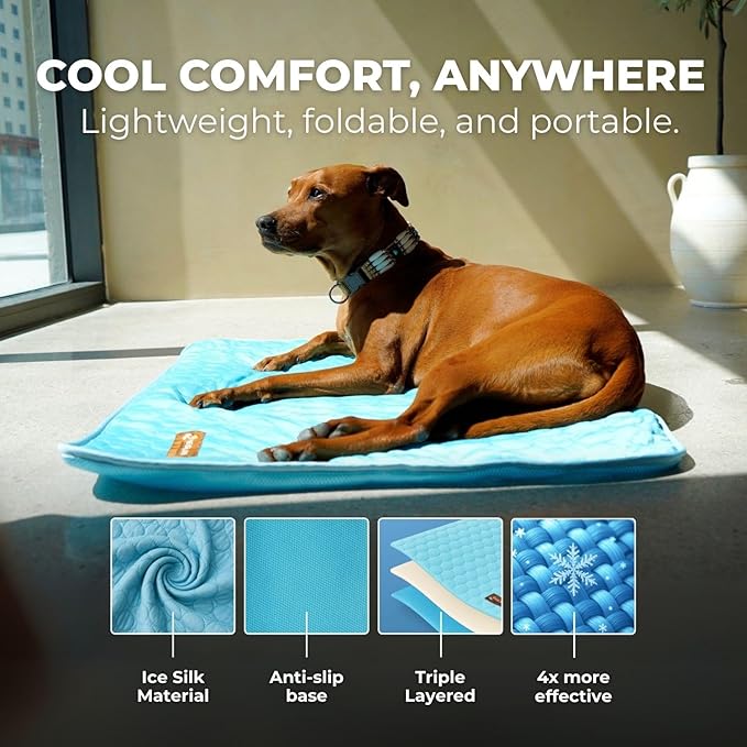 Dog Cooling Mat- Ice Silk Summer Comfort, Self Cooling, Non-Slip Dog Pad, Durable & Washable, Mat for Large Dogs 65x95 cm, Support Shelter Dogs with Every Purchase (Blue)