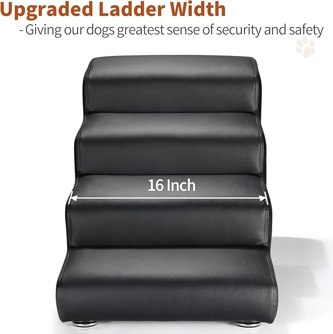 Senneny Black Faux Leather Dog Stairs, for Pets up to 150 lbs, Waterproof, Scratch Resistant Pet Steps/Stairs with High Density Foam and Detachable Wooden Legs, Black, 4 Step