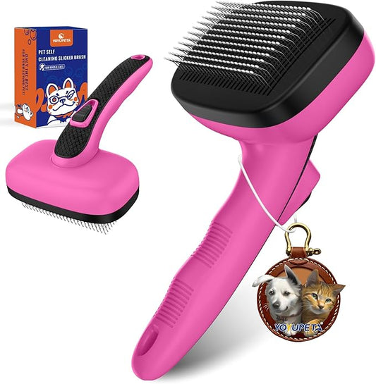 Dog Brush for Shedding & Grooming, Self Cleaning Slicker with Retractable Pins for Short & Long Haired Dogs & Cats. Removes Loose Fur, Undercoat, Mats & Tangles. Fits Large, Small Pet. Pink