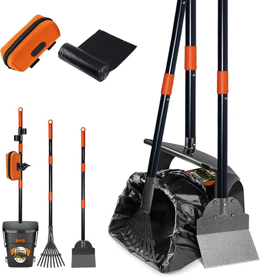 Dog Pooper Scooper with Bags & Dispenser - 37.4" Long Durable Metal Handle Swivel Bin & Rake & Spade Kit, Large Capacity Portable Pooper Scooper for Yards，Easy to Assemble