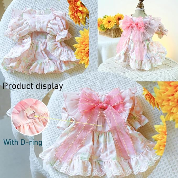 Pink Dog Dress for Small Dog Girl Spring Puppy Clothes with Bow Puff Sleeves Cat Outfit Doggy Princess with Leash Ring Doggies Harness Dress Summer Pet Apparel (Pink, Small)