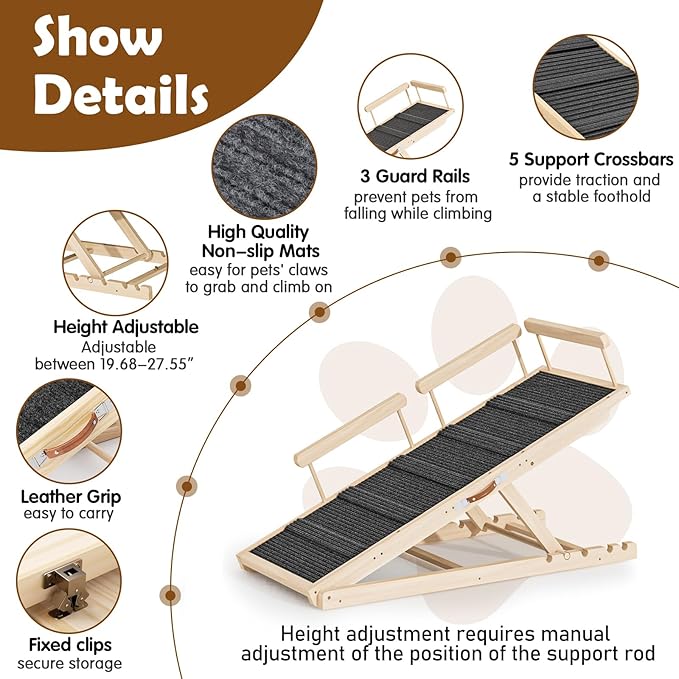 Dog Ramp for Couch, Bed or Car, Wooden 55" Long Pet Stairs for Small & Large Old Dogs & Cats, Hold up to 250lb, 6 Adjustable Height from 19.68" to 27.55" Portable Doggie Steps, Excellent Traction