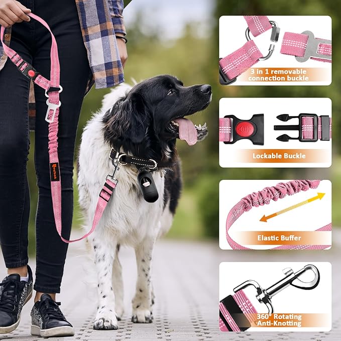Removable Dog Seat Belt Harness for Car, 3 in 1 Pet Dog Car Seatbelt Leash, Retractable Restraint Secures to Vehicle Headrest & Adjustable Reflective Bungee Dog Seatbelt Tether, Pink