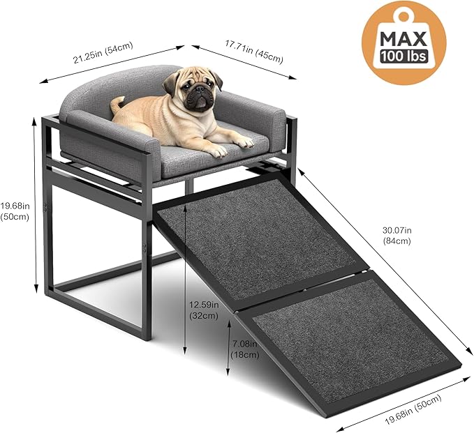 Dog Ramp Doggie Stairs with Seat Mate,Puppy Chair Get on High Bed Couch Office Window Perch,Non Slip Dachshunds Foldable Ladder,Pet Doggy Step for Small Old Dogs,Chihuahua Cat Platform Grey