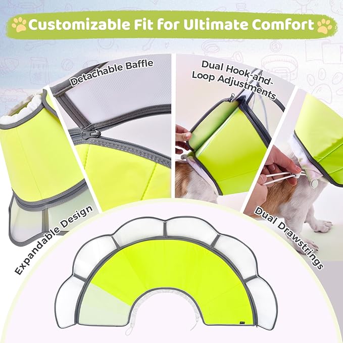 Soft Dog Cone Collar After Surgery Recovery,Adjustable E-Collar with Removable Shield,Lightweight,Breathable Anti-Licking Protective Cone for Large,Medium,Small Pets (Neon Green, XL (Neck:17''-22''))