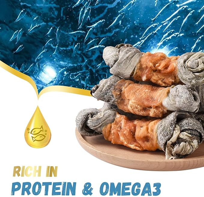 Dog Treats Chicken Wrapped Cod Skin Knotted Bones-6.5", All-Natural Healthy Fish Skin Dog Chew Treats, Rich in Omega-3 Protein, 4 Counts, 10.6 OZ