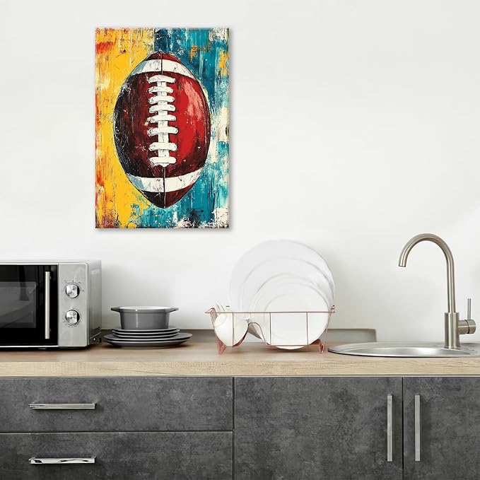 Graffiti Football Bathroom Pictures Wall Art, Rugby Sport Bathroom Wall Decor, Colorful Football Framed Painting Canvas Artwork for Bedroom Living Room Decorations 24"L x 16"W