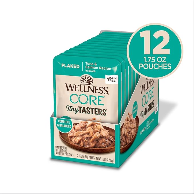 Wellness CORE Tiny Tasters Flaked Adult Wet Cat Food, Natural, Protein-Rich, Grain Free, 1.75-Ounce Pouch, 12 Pack, (Tuna & Salmon)