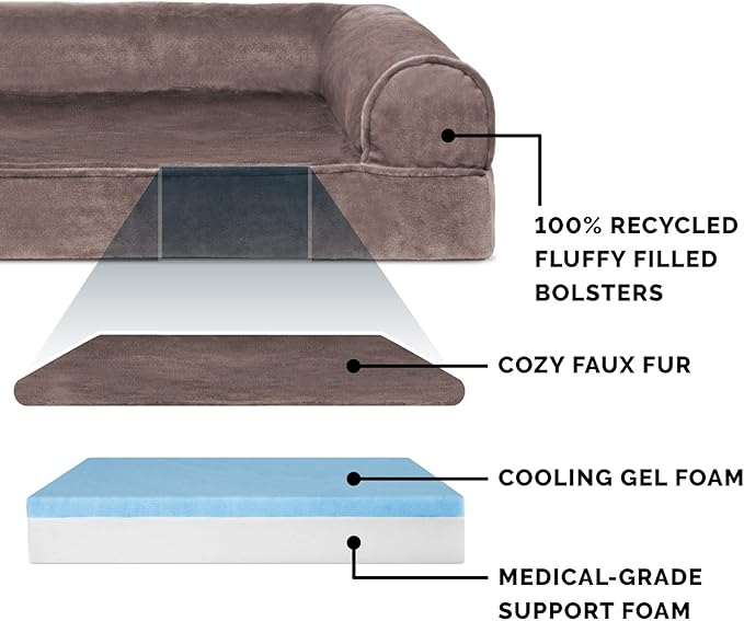 Furhaven Cooling Gel Dog Bed for Large Dogs w/ Removable Bolsters & Washable Cover, For Dogs Up to 95 lbs - Faux Fur & Velvet Sofa - Driftwood Brown, Jumbo/XL