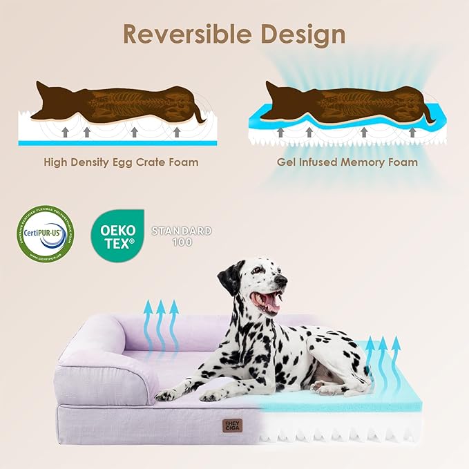 EHEYCIGA Orthopedic XL Dog Beds, Waterproof Memory Foam Dog Bed for Extra Large Dogs, Non-Slip Bottom and Egg-Crate Foam Big Pet Couch Bed with Washable Removable Cover,Lilac