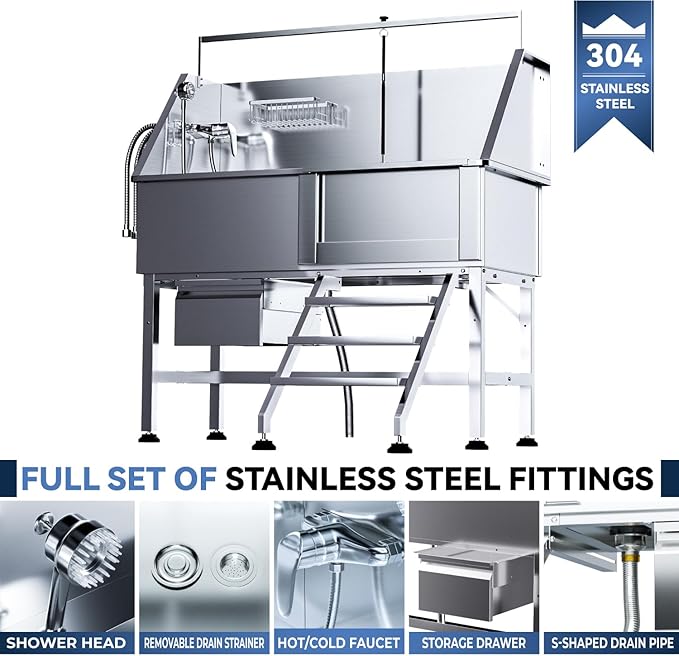 Professional 46" Dog Washing Station, Stainless Steel Dog Bathing Station, Height Adjustable Dog Wash Station, Storage Drawer, Upgrade Parts, Home, Commercial (Right Step)