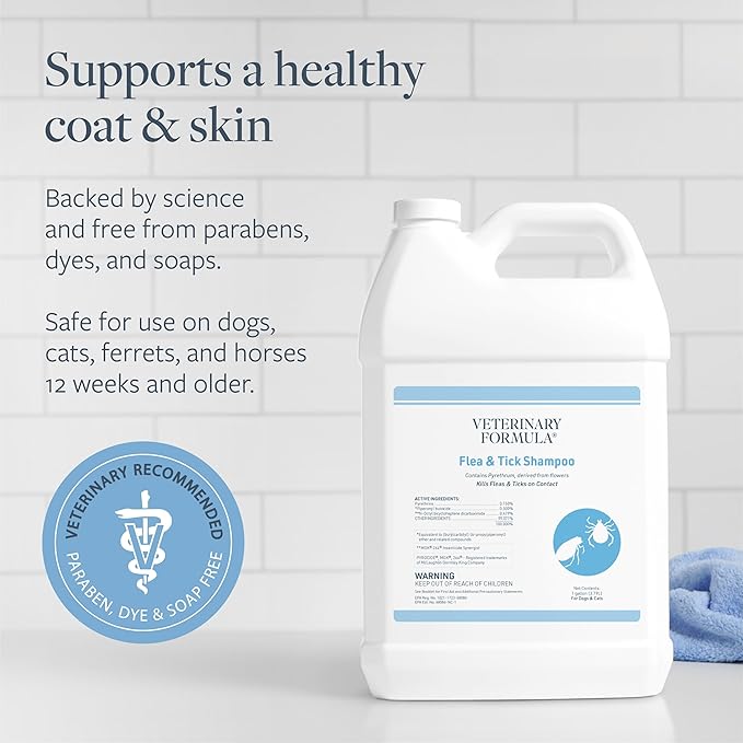 Veterinary Formula Flea and Tick Shampoo for Dogs and Cats, 1 Gallon – Dog and Cat Flea Shampoo with Pyrethrum to Kill Fleas, Ticks On Contact – Cleanses and Exfoliates