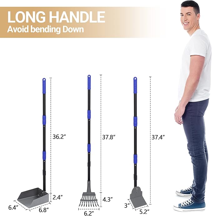 Heeyoo Dog Pooper Scooper, Dog Poop Tray and Rake Set, Pet Waste Removal Scoop with Long Adjustable Sectional Stainless Handles