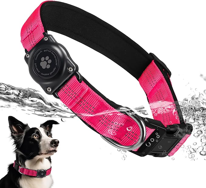 Upgraded AirTag Dog Collar, IP68 Waterproof Air Tag Dog Collar Holder, Reflective, Ultra-Durable, Comfortable Padded, Heavy Duty Dog Collars for Small Medium Large Dogs (M (12.6"-17.1"), Hotpink)
