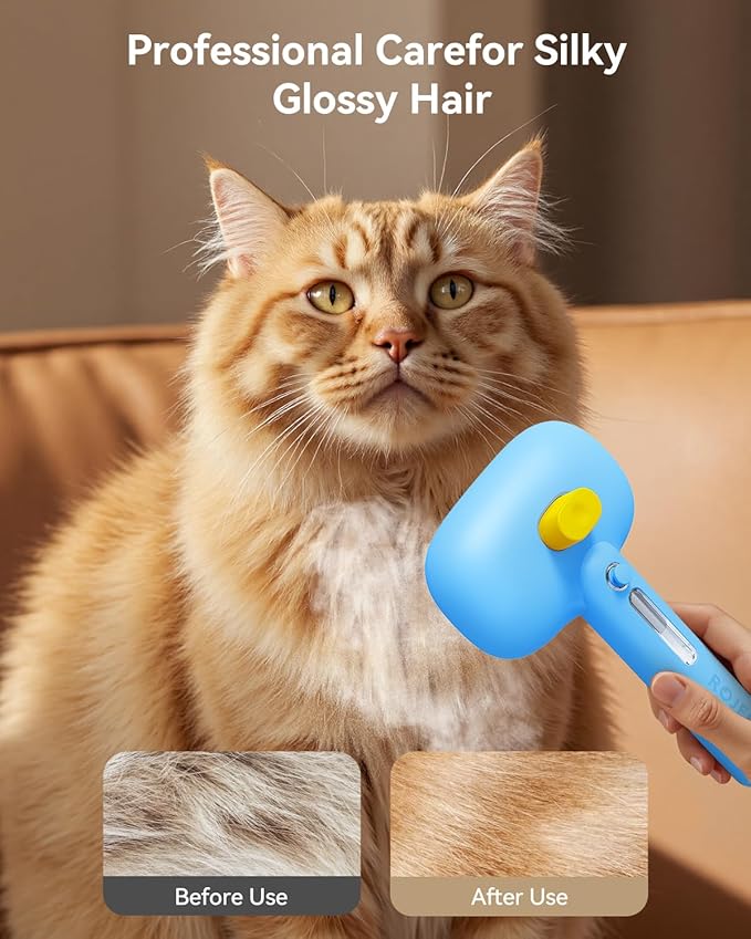 ROJECO 3-in-1 Pet Steam Brush for Cats&Dogs - Detangling Comb with Adjustable Mist, Handheld Deshedding Grooming Tool for Long/Short Hair, Massage Brush & Shedding Control Gift,Cordless (Blue)