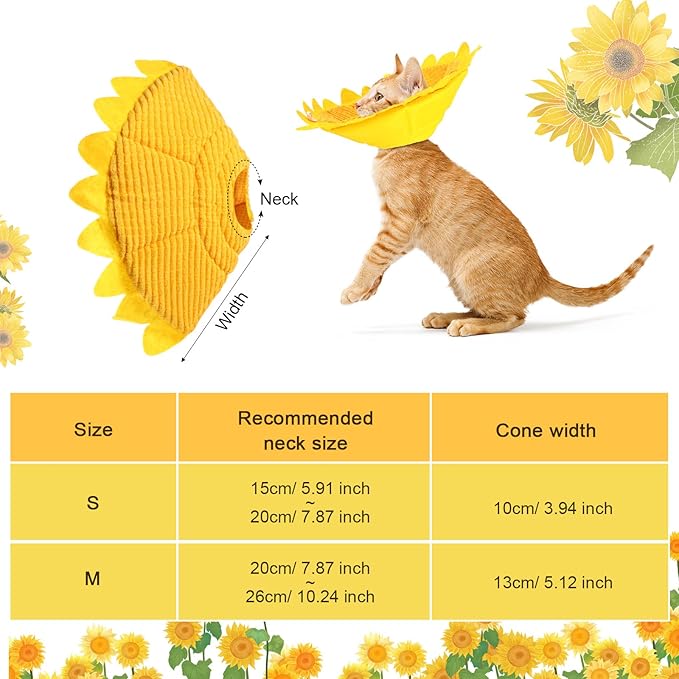 Sunflower Cat Recovery Cone Collar Soft Cotton Pet Cone Collar Adjustable Sunflower Elizabeth Postoperative Protection for Cats and Dogs(Small)