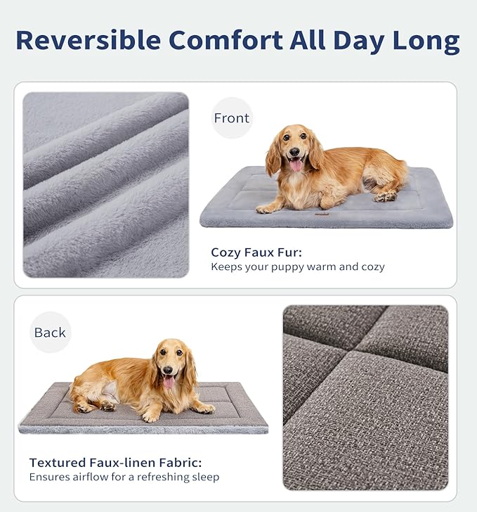 Made4Pets Dog Crate Pad Bed for Large Dogs, Washable & Reversible, Anti-Slip Kennel Mat for Cozy Sleeping, Soft Fluffy Dog Bed for Indoor & Outdoor Use, 44"x32", Gray
