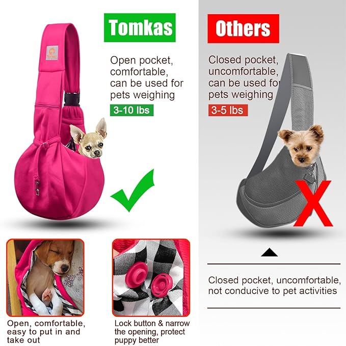TOMKAS Dog Sling Carrier for Small Dogs Puppy Carrier for Small Dogs (Rose red, Adjustable Strap for 3-10 lbs & Zipper Pocket)