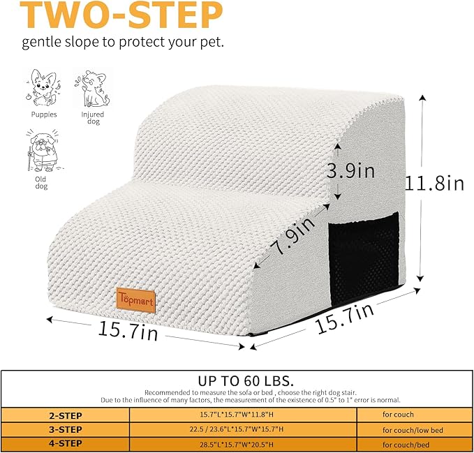 Topmart High Density Foam Pet Steps 2 Tiers,11.8" High,Non-Slip Dog Stairs,Soft Foam Dog Ramp Ladder,Best for Injured,Older Cats,Pets with Joint Pain,Suitable for Low Sofas,Stairs,Lower Place