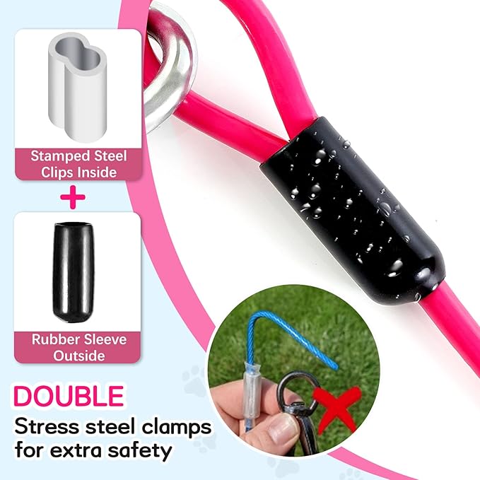 Heavy Duty Dog Tie Out Run Cable - 50 ft Long Leash with Durable Carabiner, Chew Proof for Large Dogs & Yard Use