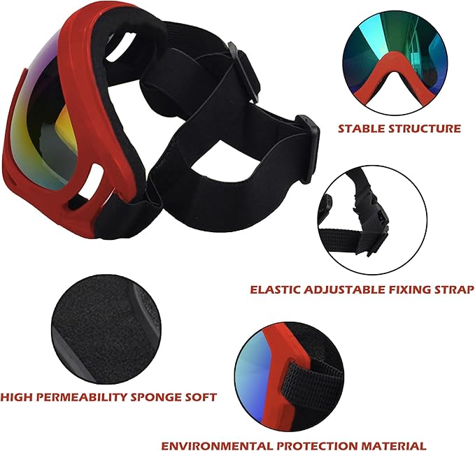 Winproof Adjustable Strap Dog Sunglasses, UV Protection, Soft Goggles (Red Frame)