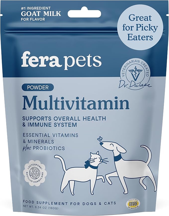Fera Pets Goat Milk Topper - Multivitamin for Dogs & Cats with Probiotics - Supports Overall Health, Gut Health, and Immune System - for Picky Eaters - 60 TSP