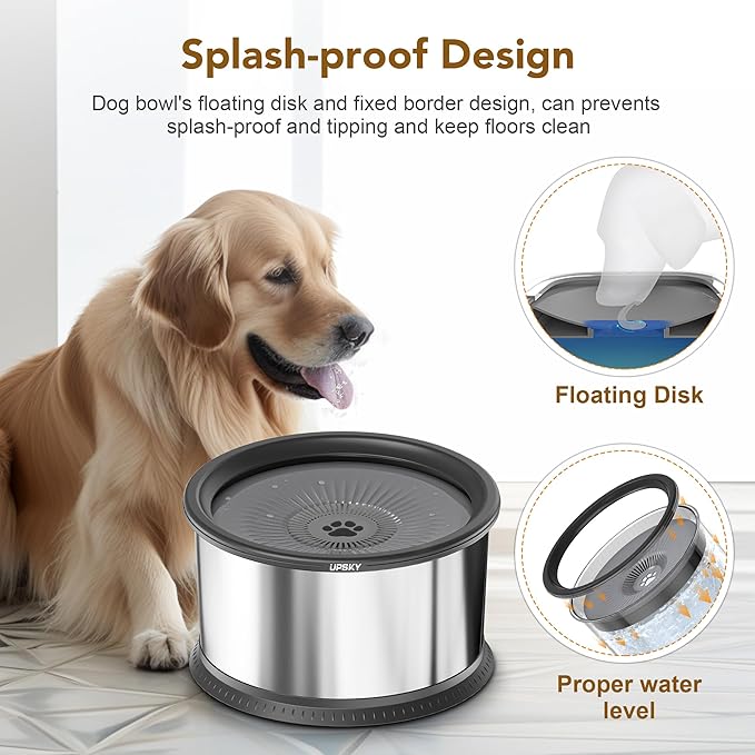 UPSKY 4.5L Dog Water Bowl,Large Capacity No Spill Dog Water Bowl,Stainless Steel Spill Proof Slow Water Feeder,No Splash Water Bowl with Anti-Slip Mat for Messy Drinkers Grey