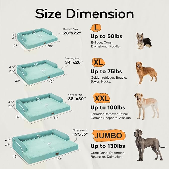 Orthopedic Large Dog Bed Washable: Large Size Dog Beds with Removable Washable Cover, XXLarge Orthopedic Aqua Blue Dog Beds for Big Pet Dogs